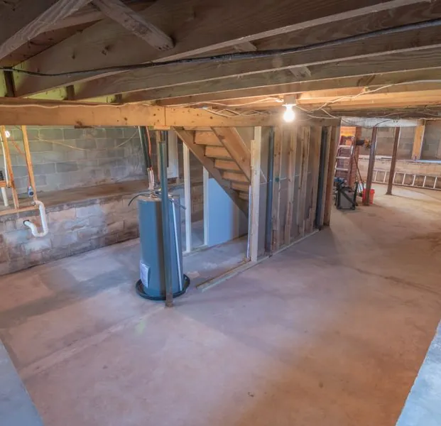 Basement utility area with a newly installed water heater